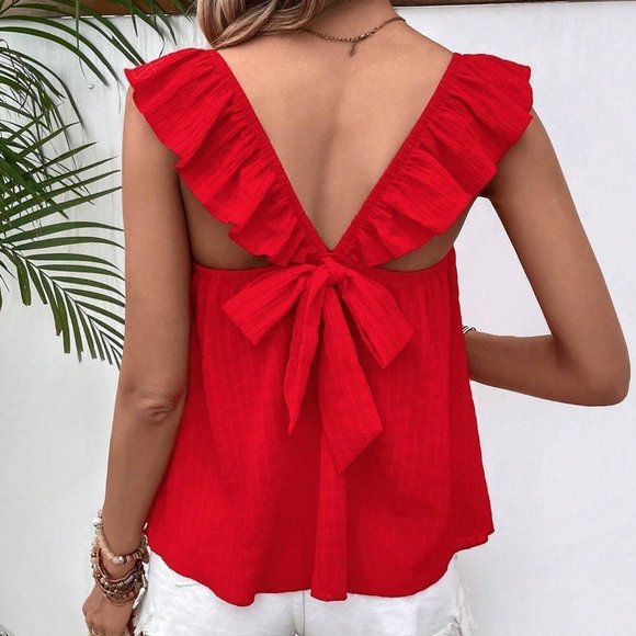 Red Boho Womens Tie Back Ruffle Trim Top - Picture 3 of 5
